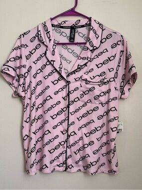 bebe Pink Logo-Repeat Short Sleeve Button-Up Shirt and Shorts Pajama Set